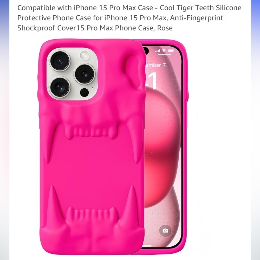 Pink Silicone iPhone 15 Pro Max Case with Textured tiger teeth Design